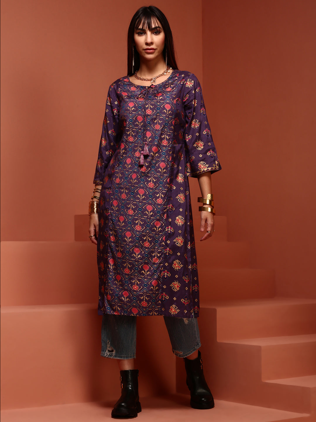 Violet Printed Straight Kurta