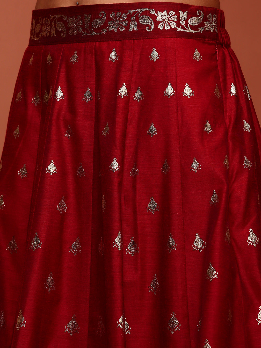 Red Printed Brocade  Skirt