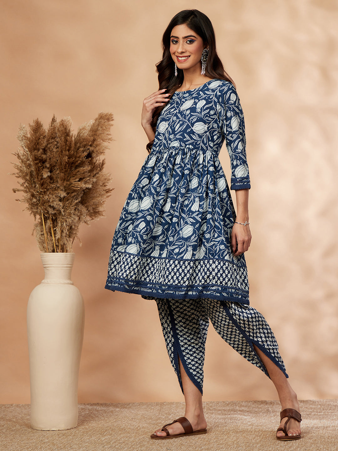 Indigo Printed Cotton Gathered Kurta-Dhoti Pant Set