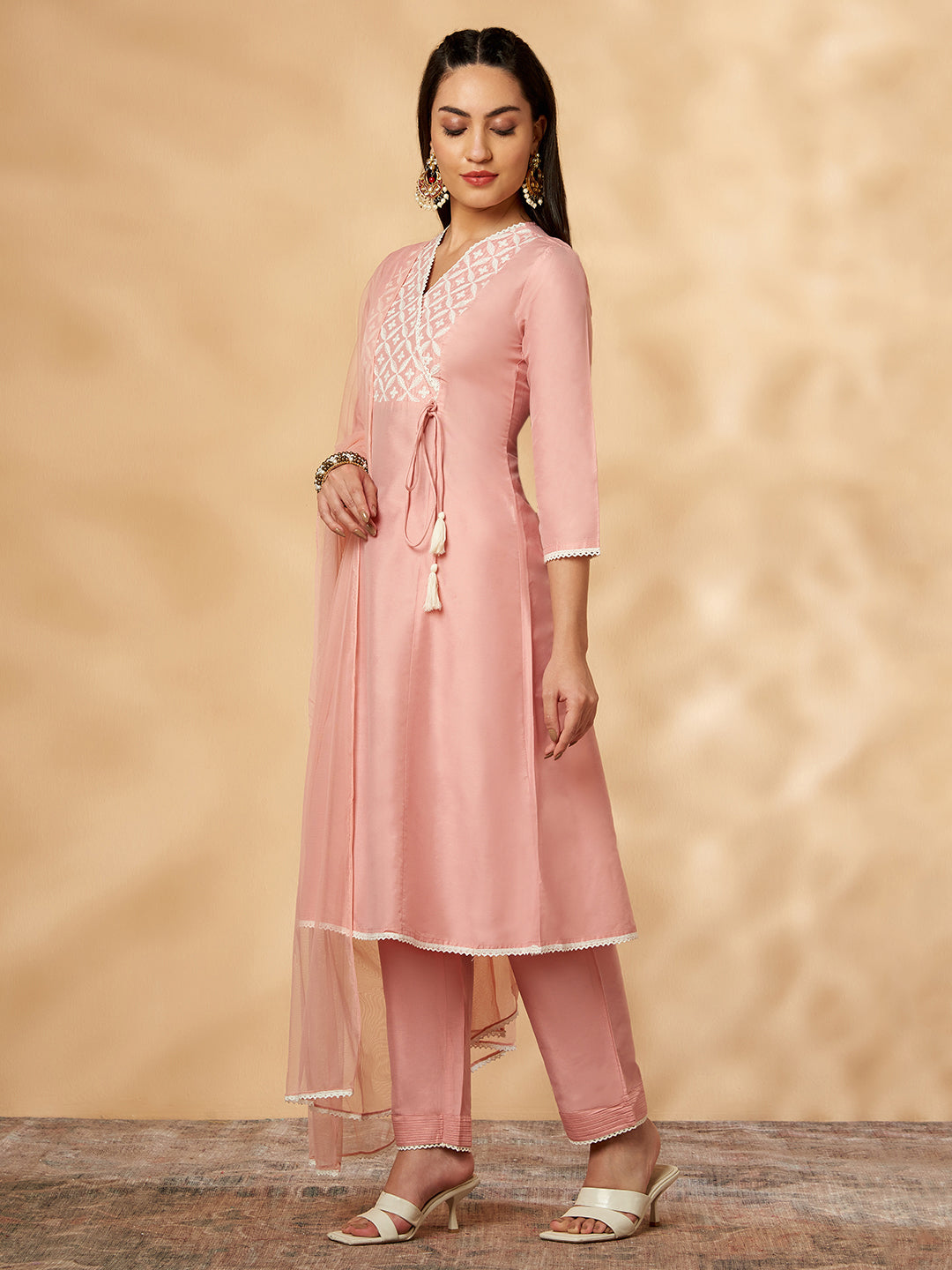 Light Pink Embellished A-Line Kurta Set