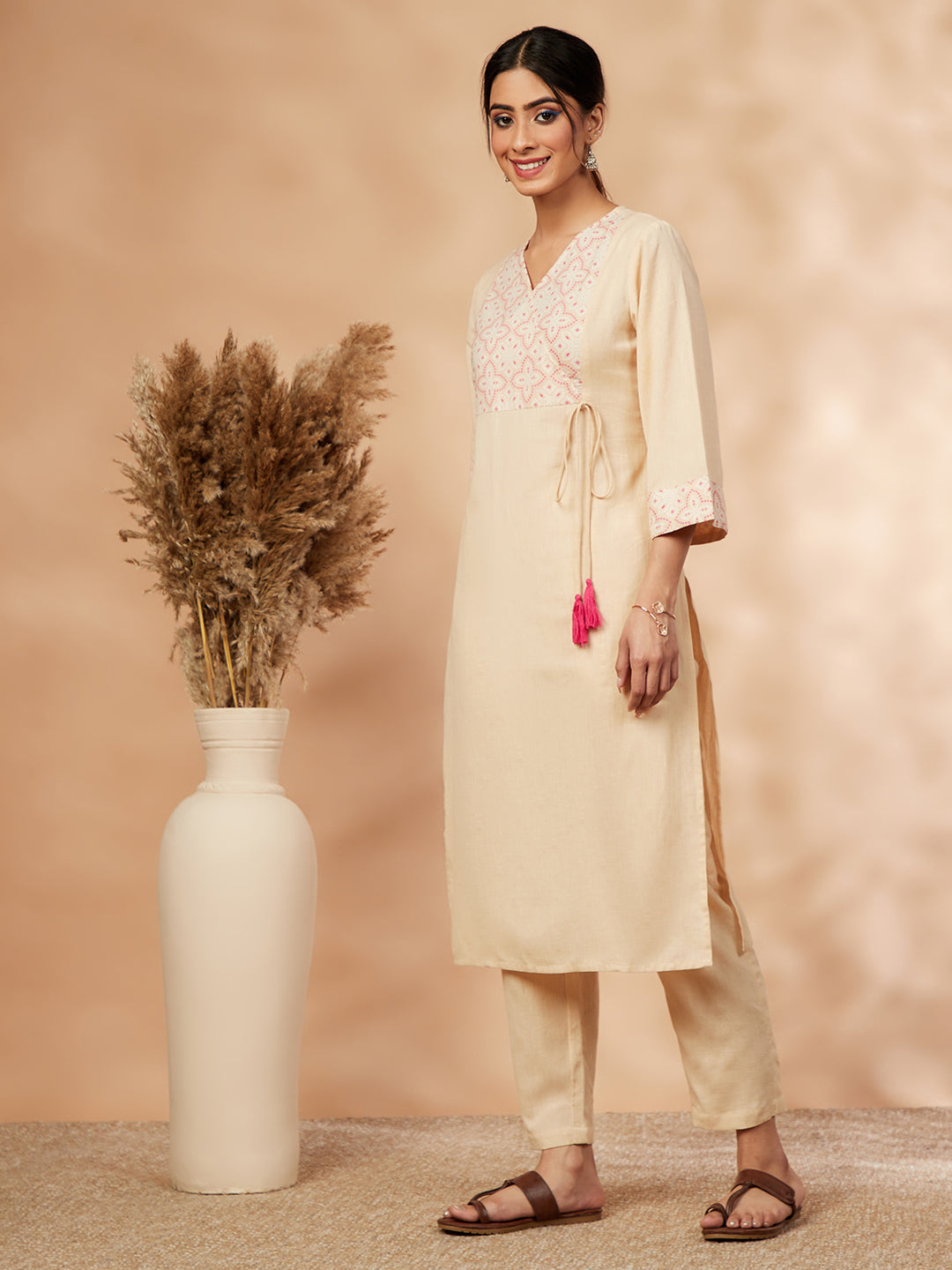 Beige Printed Straight Kurta Set