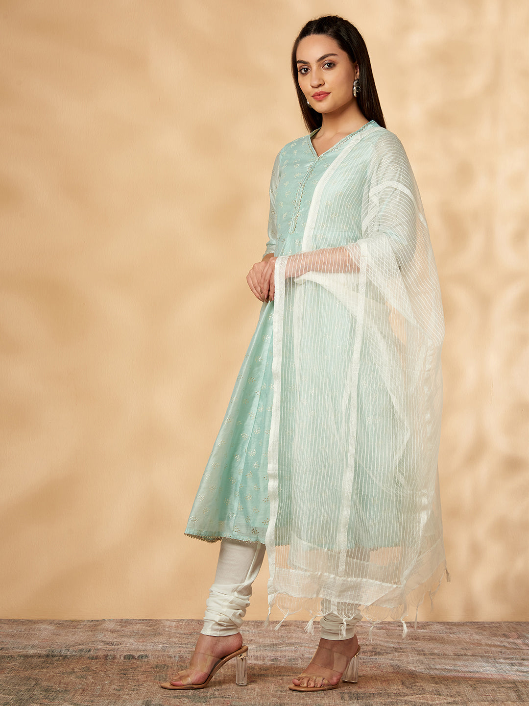 Green Printed Kalidar Kurta Set