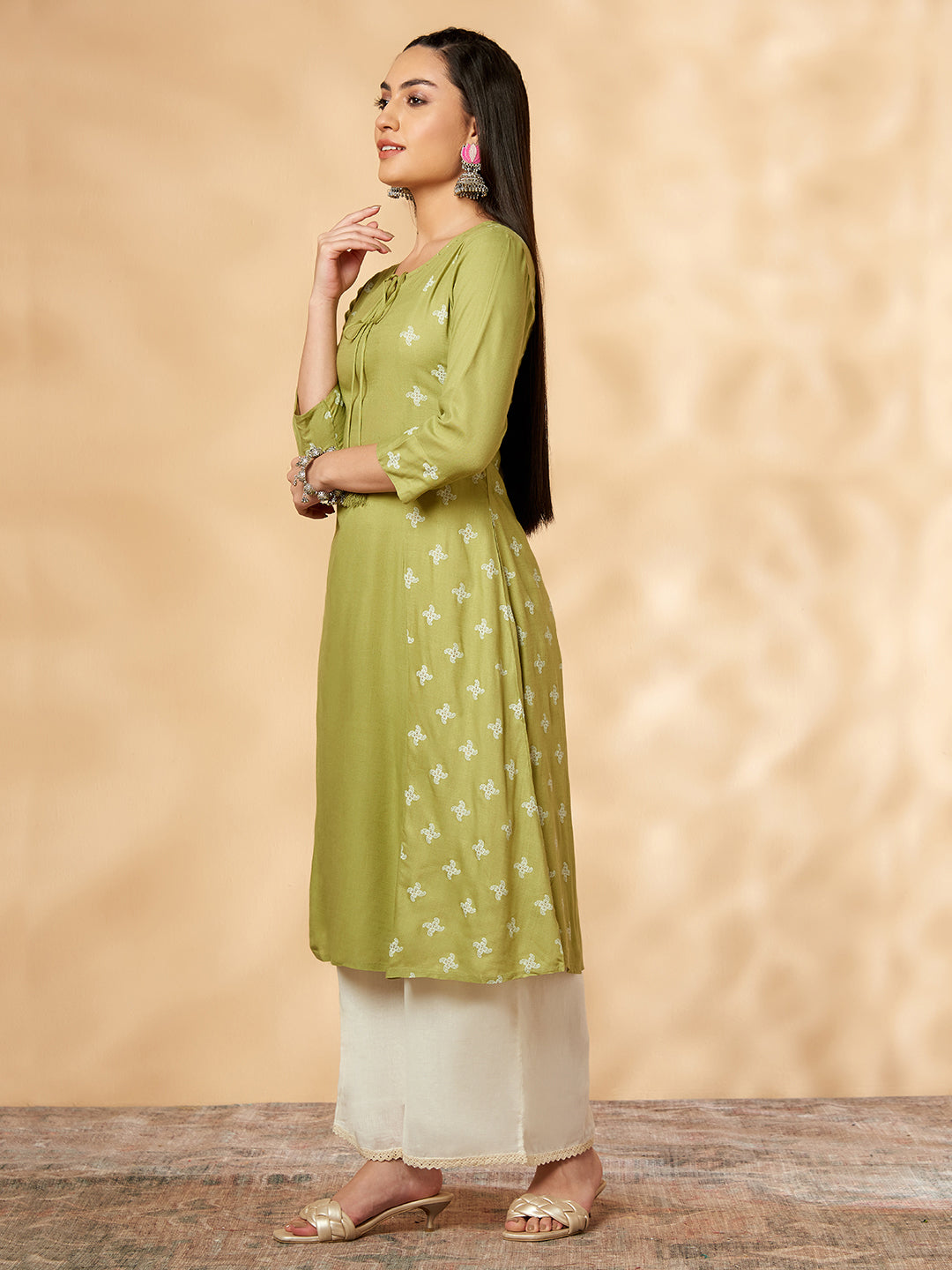 Printed A-line Lime Green Kurta