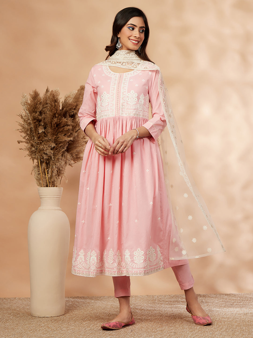 Light Pink Embroidered Gathered Kurta Set