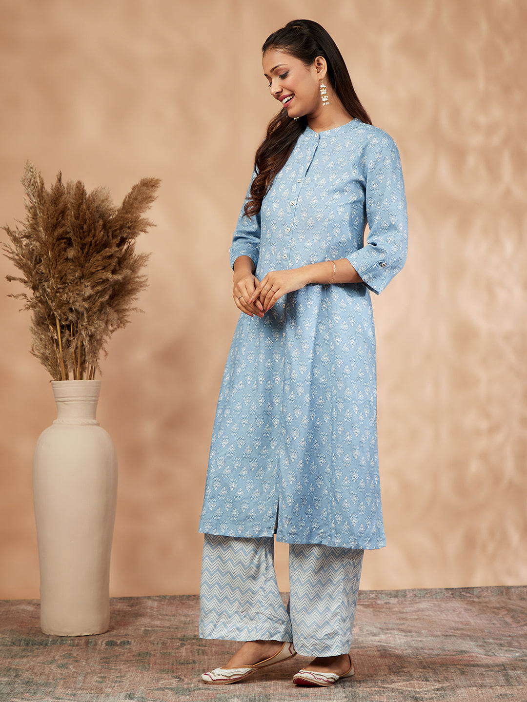 Blue Printed A-Line Kurta Set