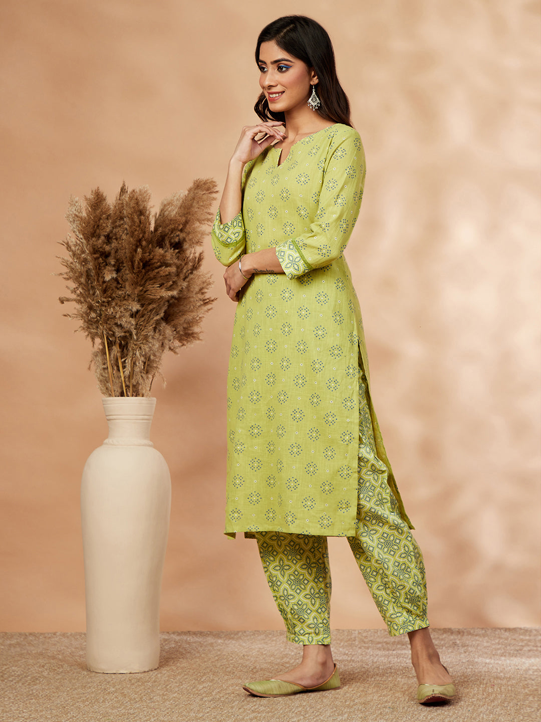 Green Printed Straight Kurta Set