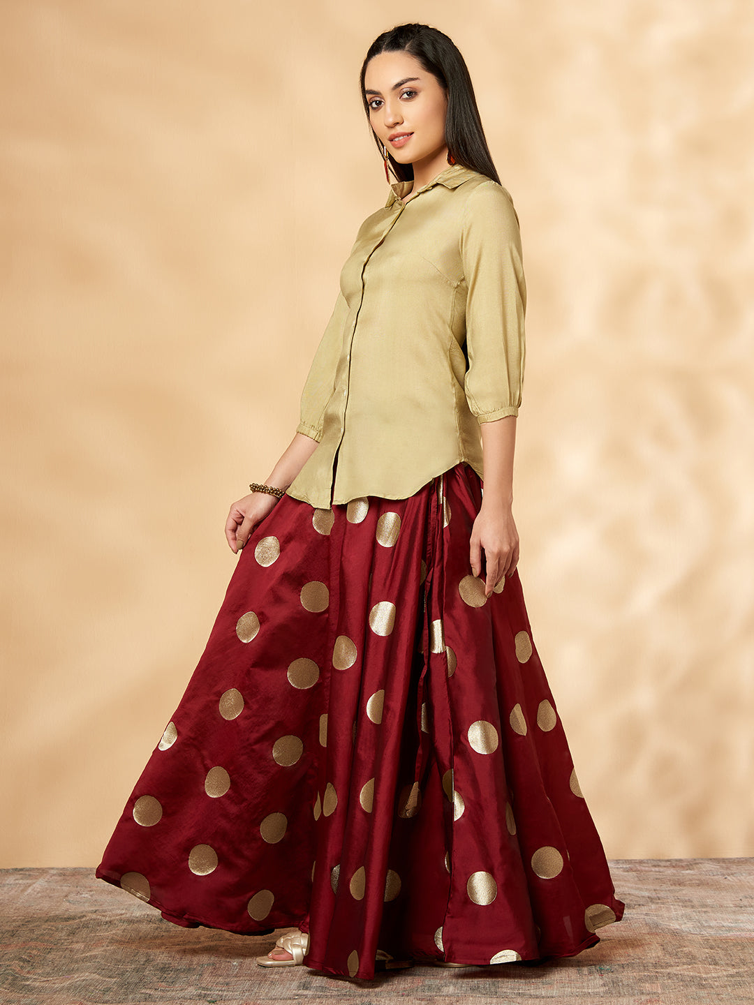 Indo-western Beige & Maroon Flared Skirt Set