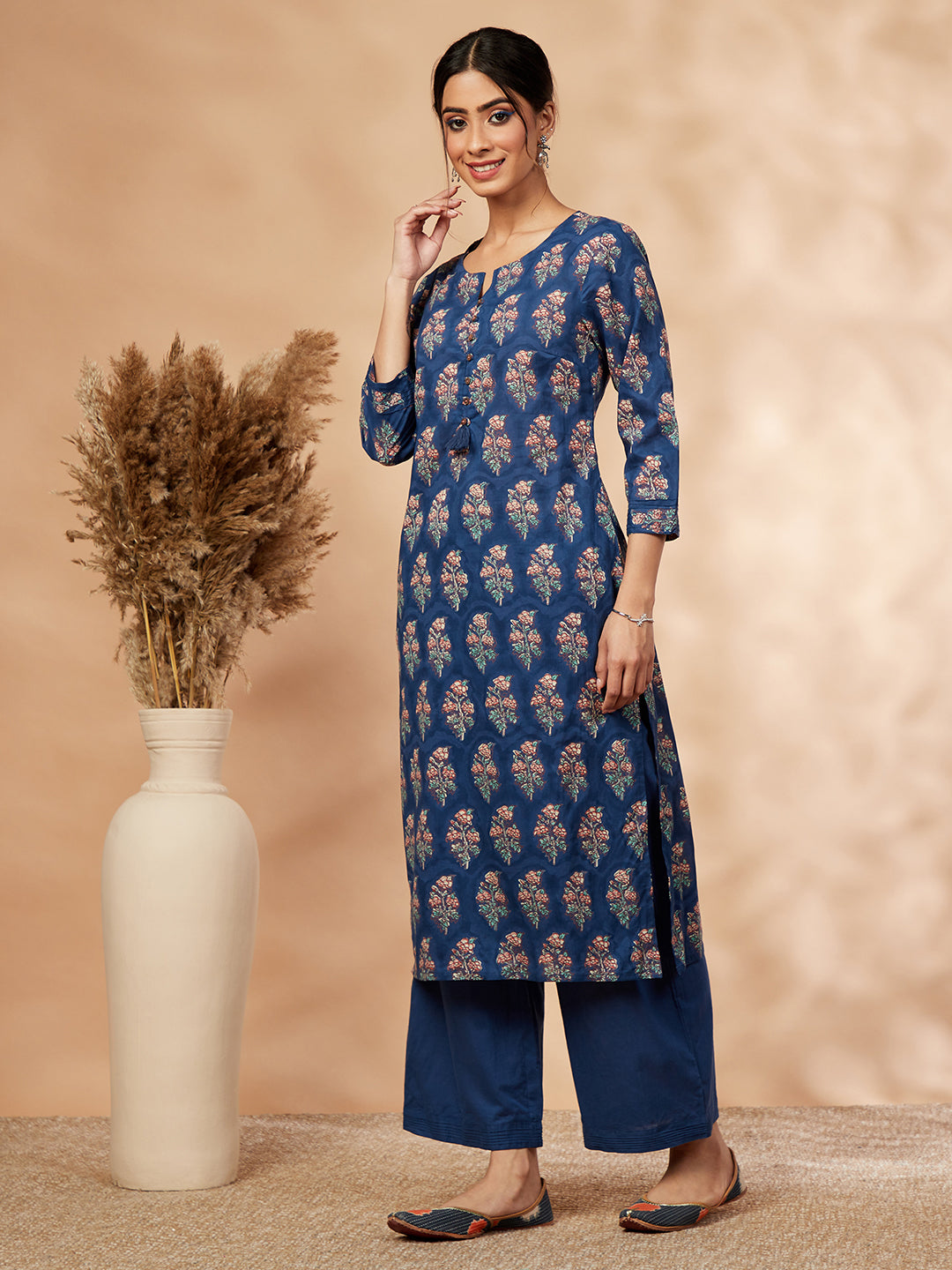 Navy Blue Printed Cotton Kurta Set