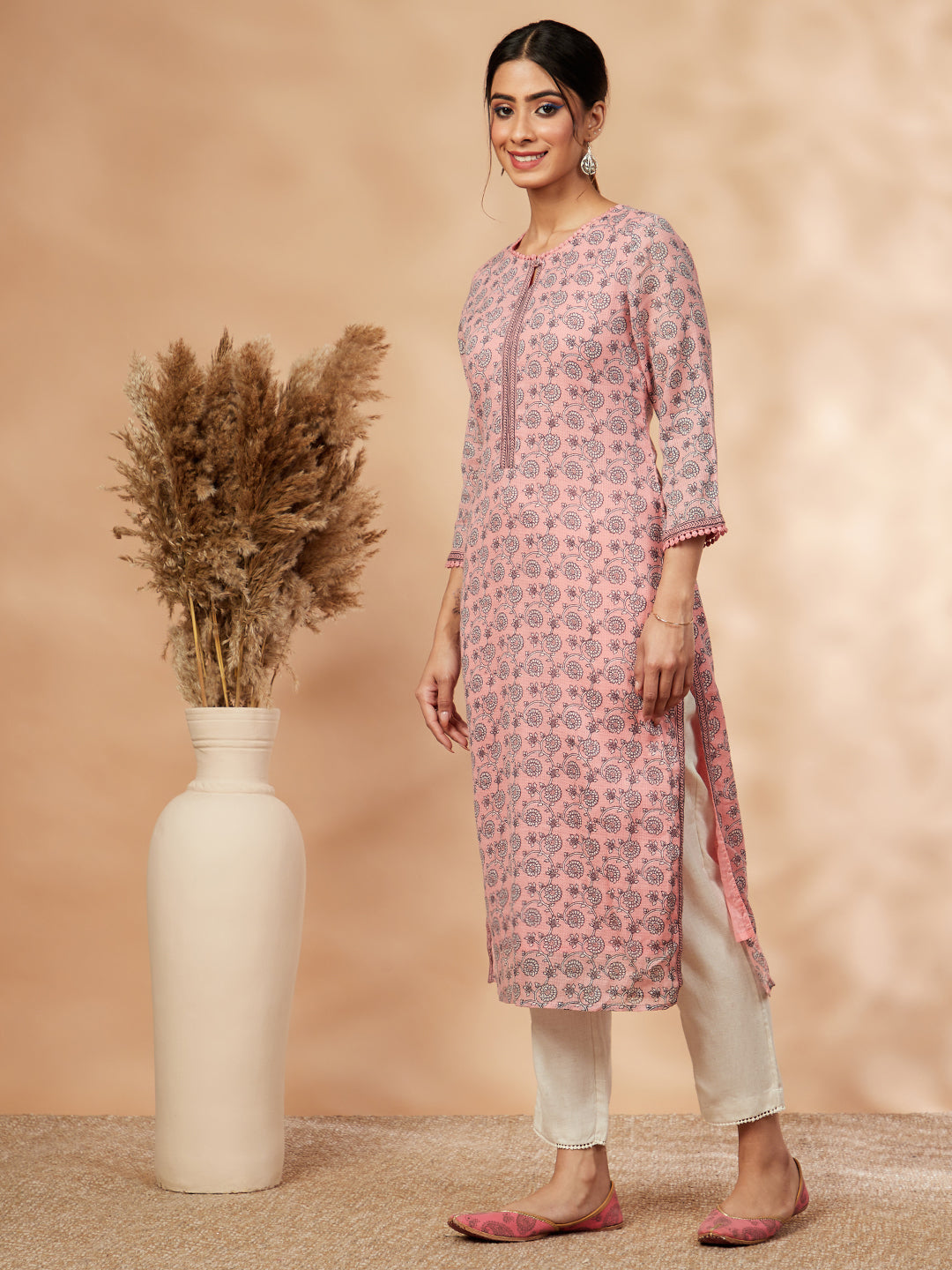 Light Pink Floral Print Straight Kurta