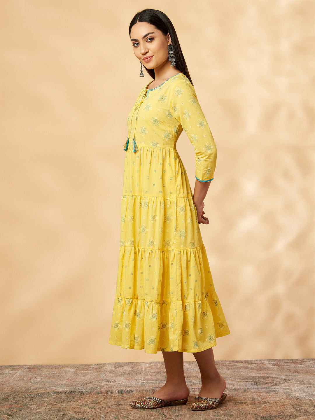 Yellow Printed Tiered Dress