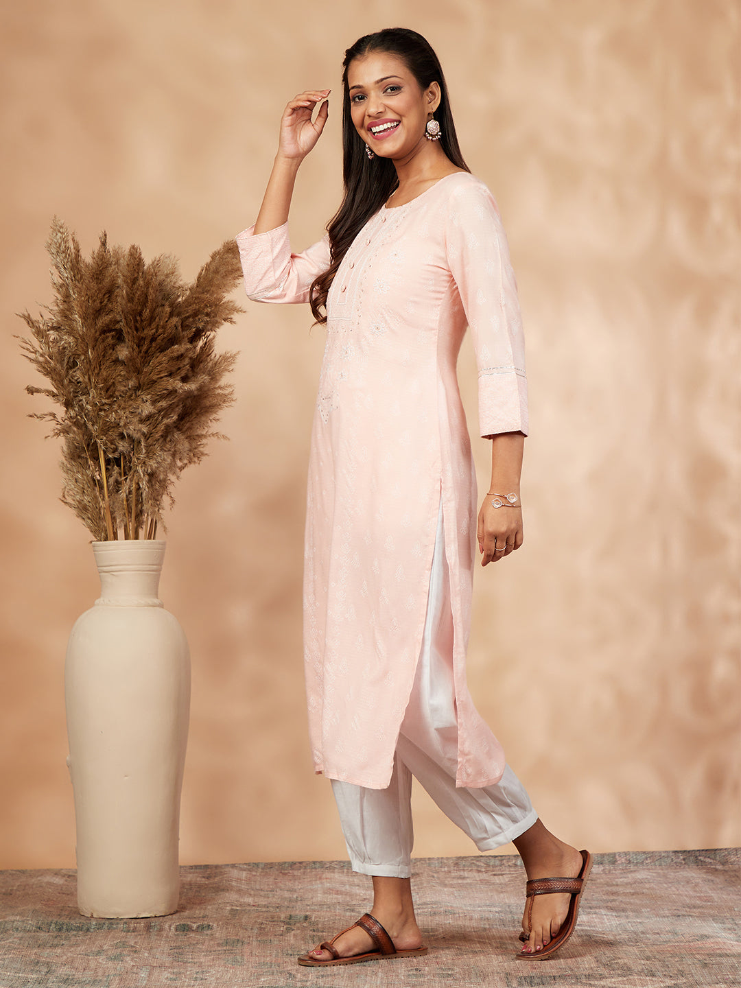 Light Pink Printed Straight Kurta