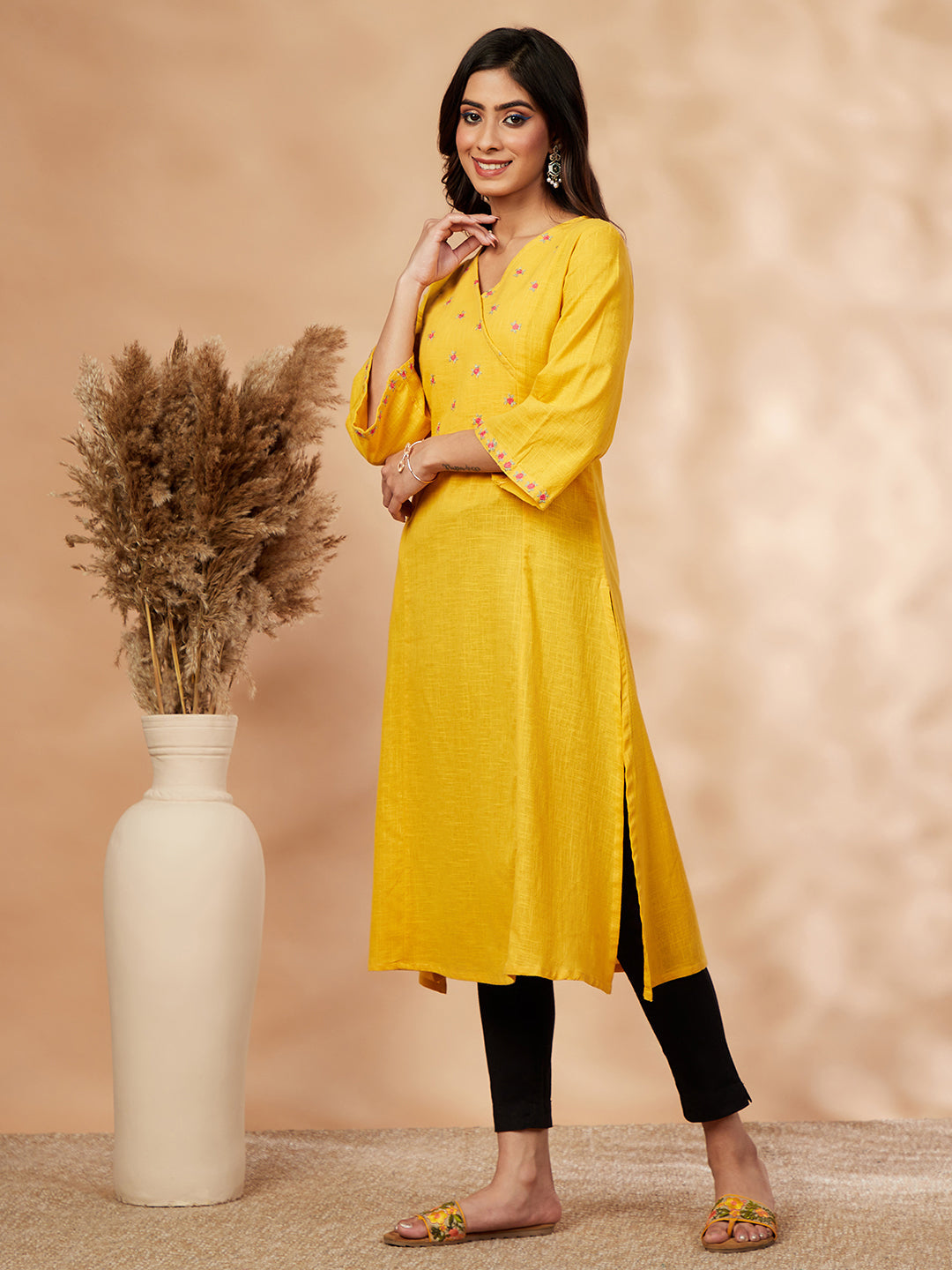 Mustard Floral Embellished A-Line Kurta