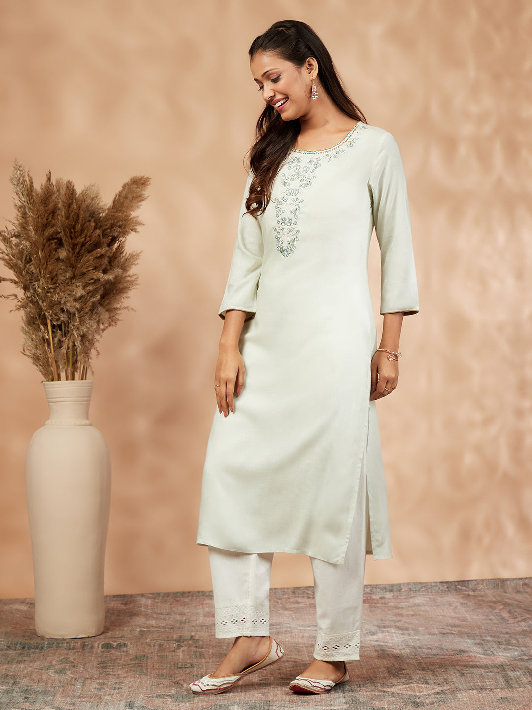 Light Green Solid Floral Straight Kurta