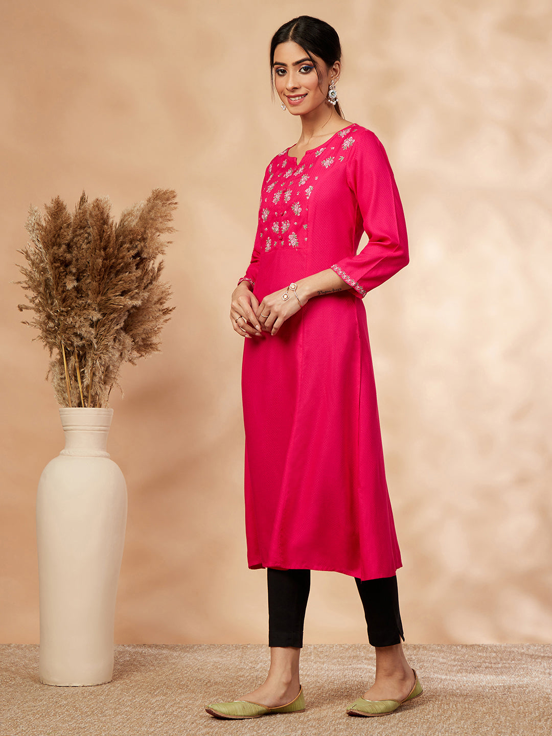 Floral Fuchsia Embellished A-Line Kurta