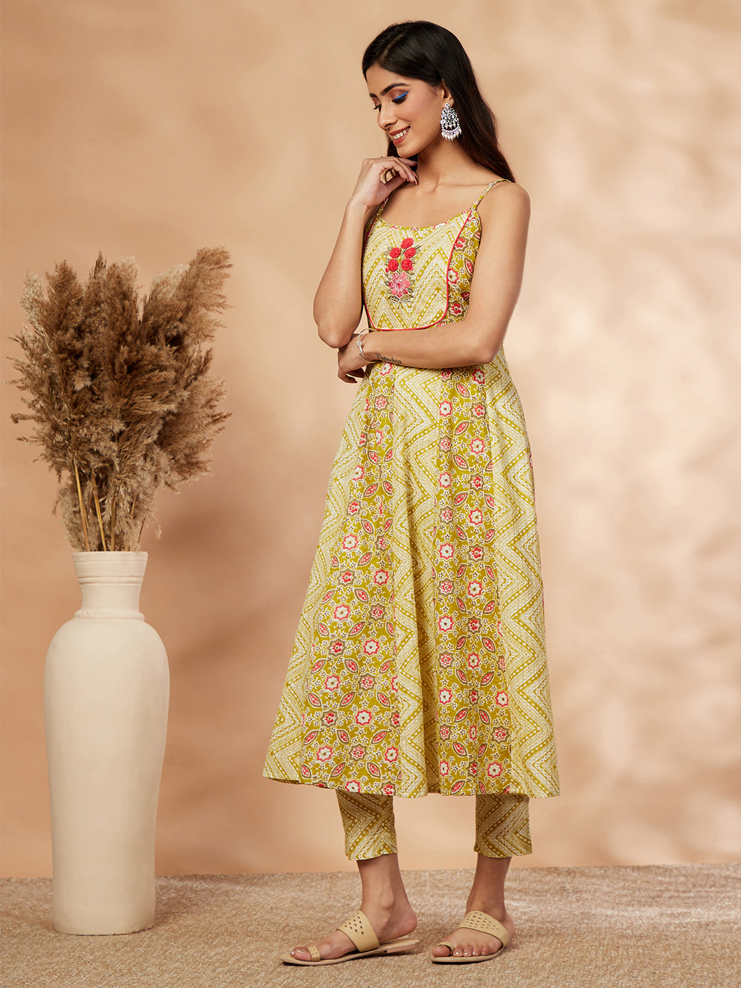 Printed Lime Green Anarkali Kurta Set