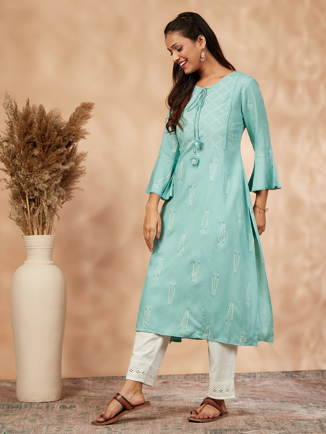 Sage Green Printed A-Line Kurta