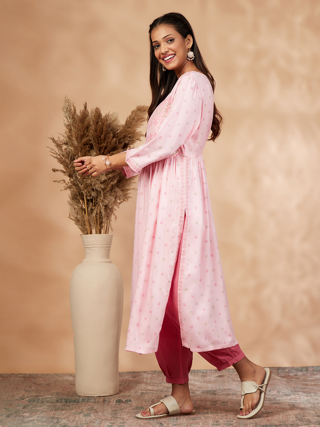 Light Pink Print  Gathered Kurta