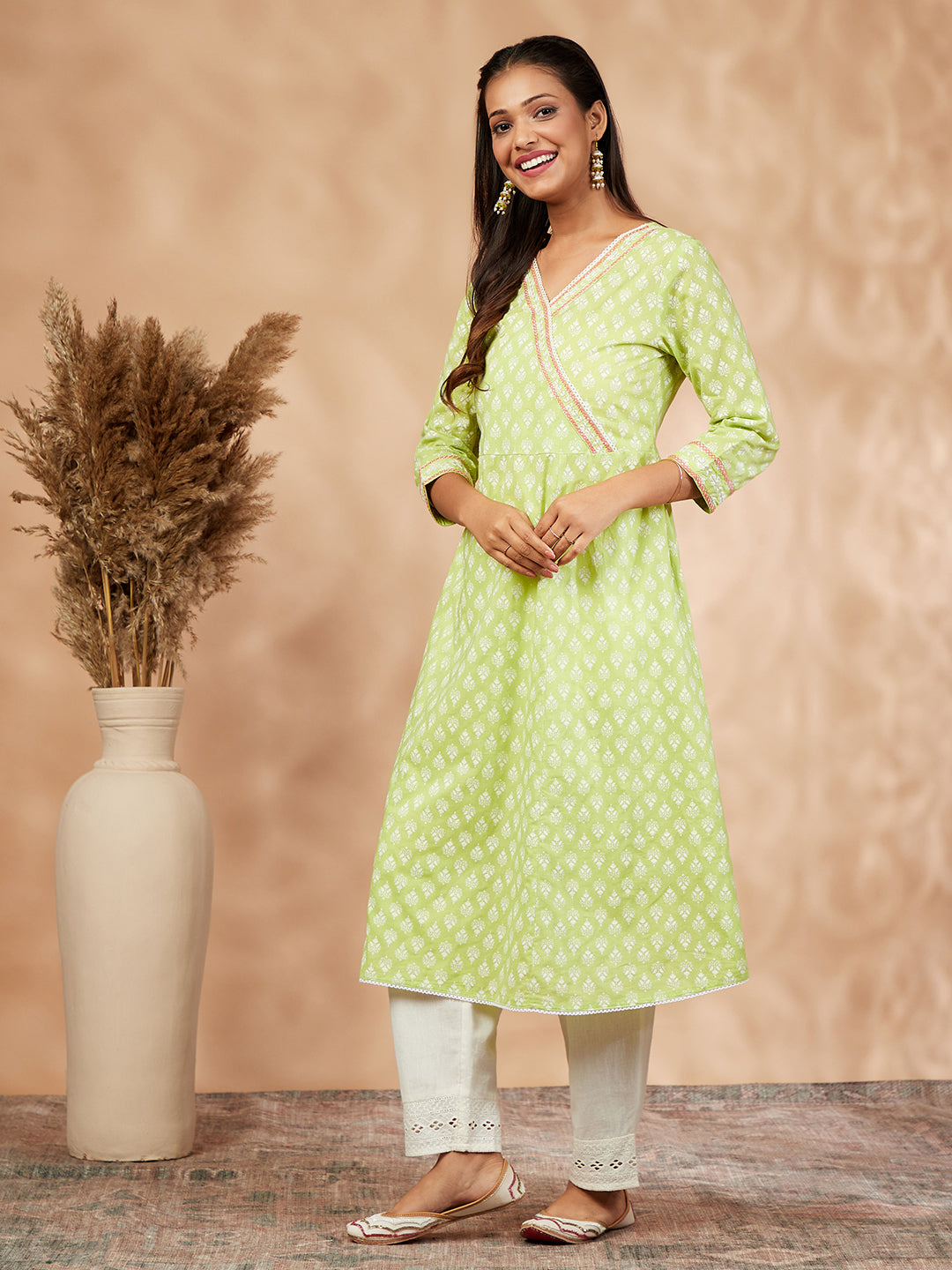 Printed Lime Green Gathered  Kurta