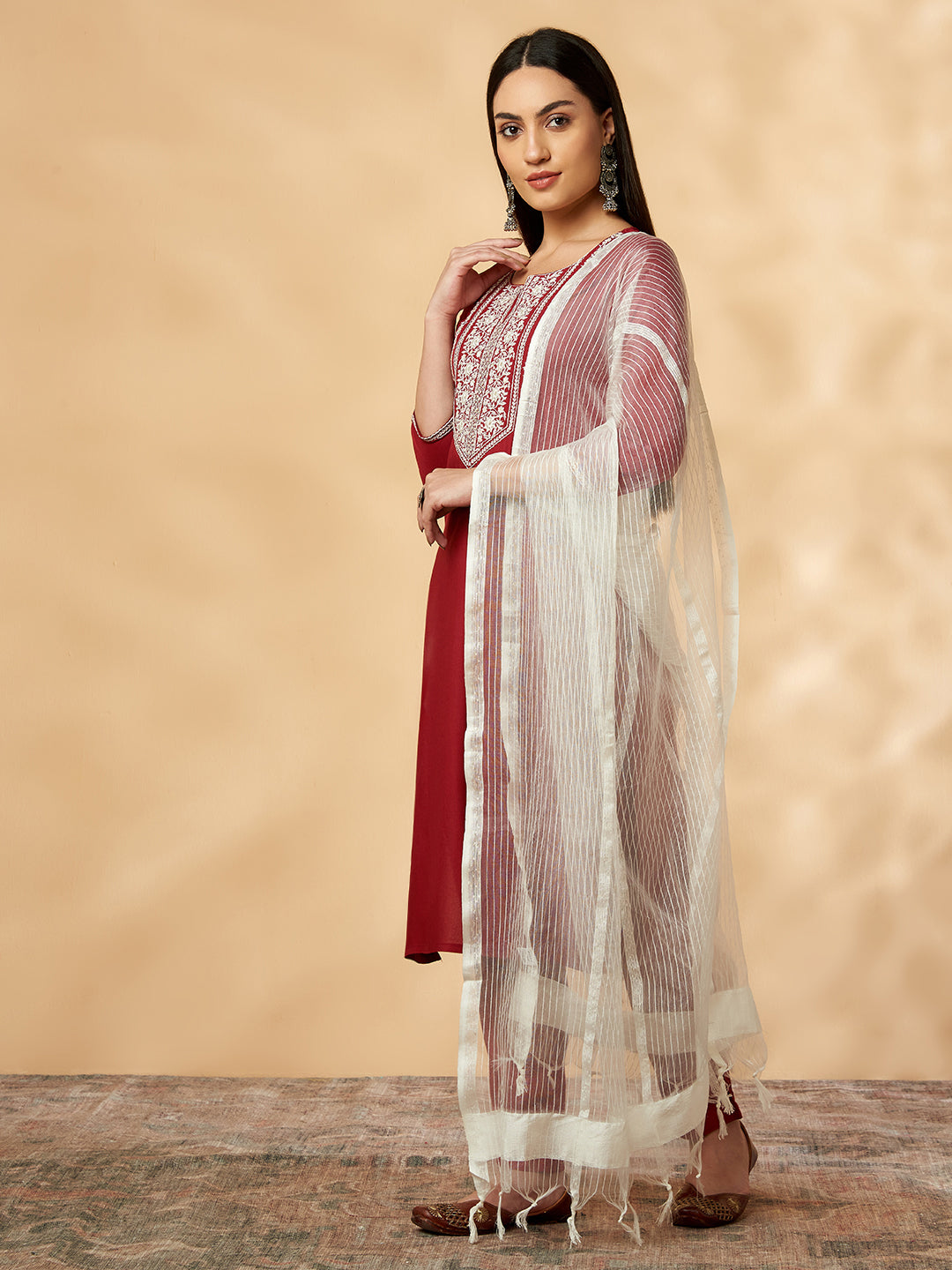 Maroon Embroidered Straight Kurta Set