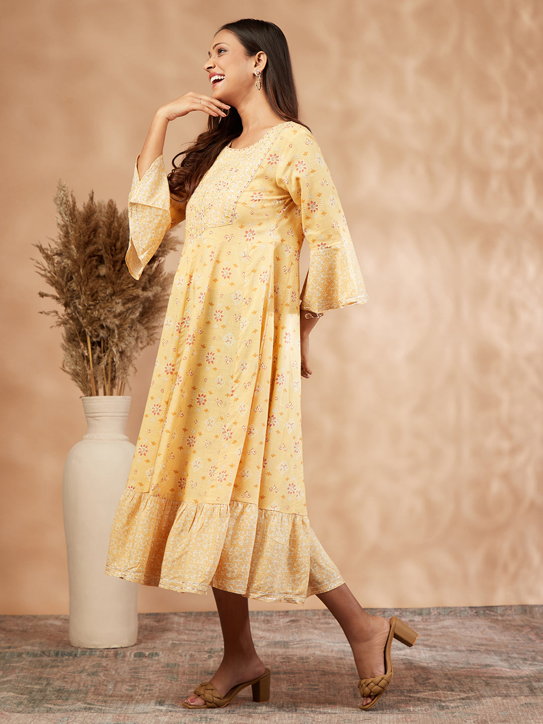 Mustard Printed Rayon Anarkali Dress