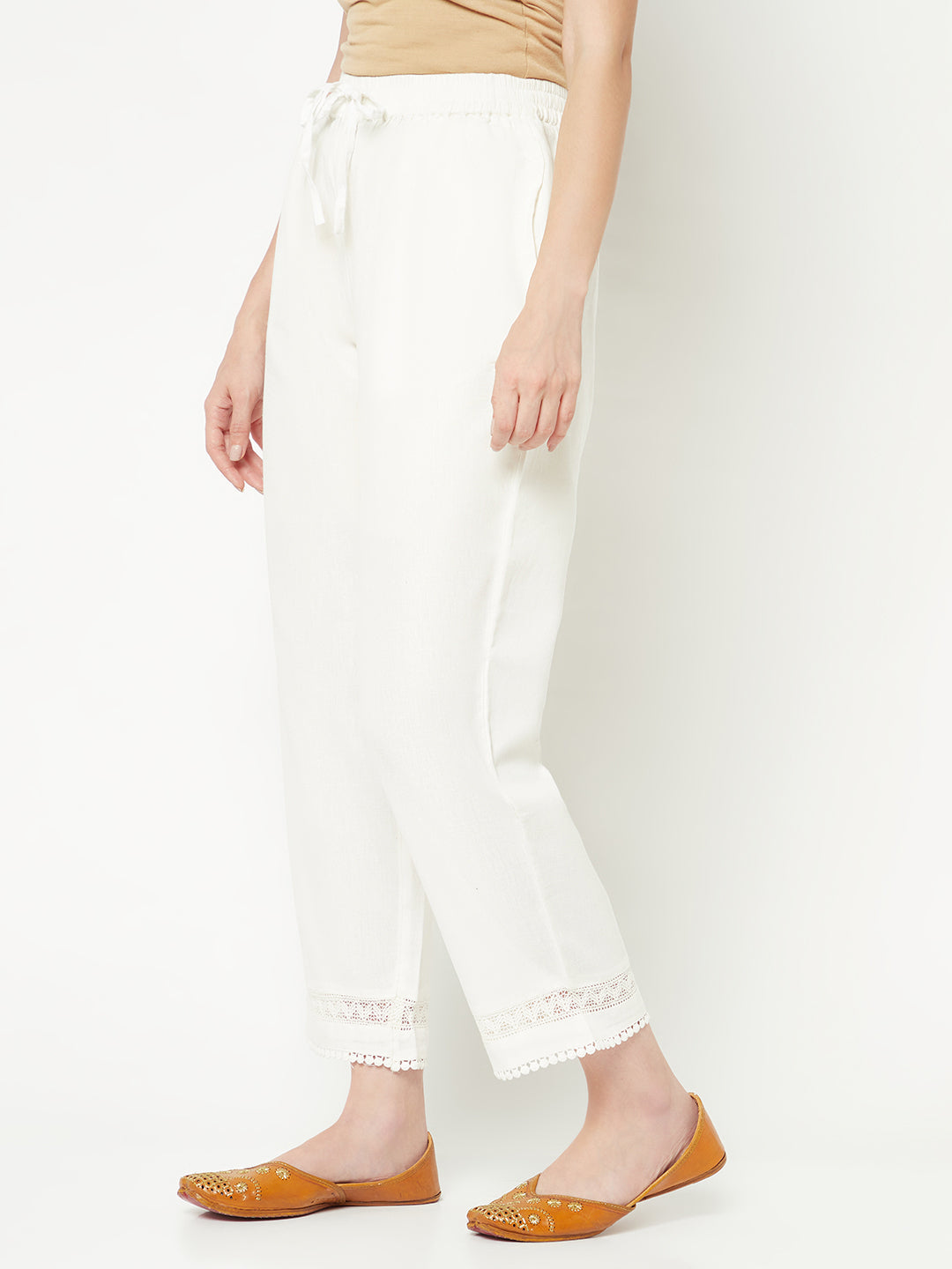 White Straight Trousers With Laced Hem