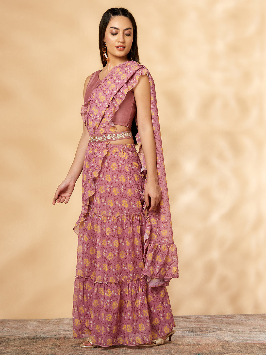 Pink Ruffled Lehenga- Sari