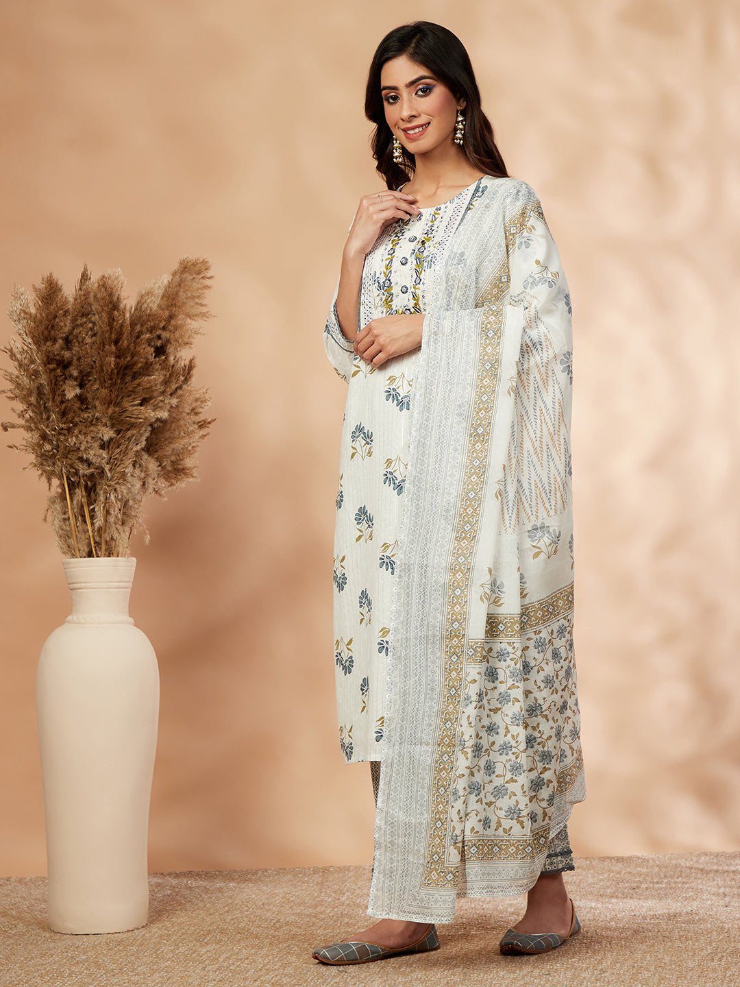 Blue Cotton Printed Straight Kurta Set