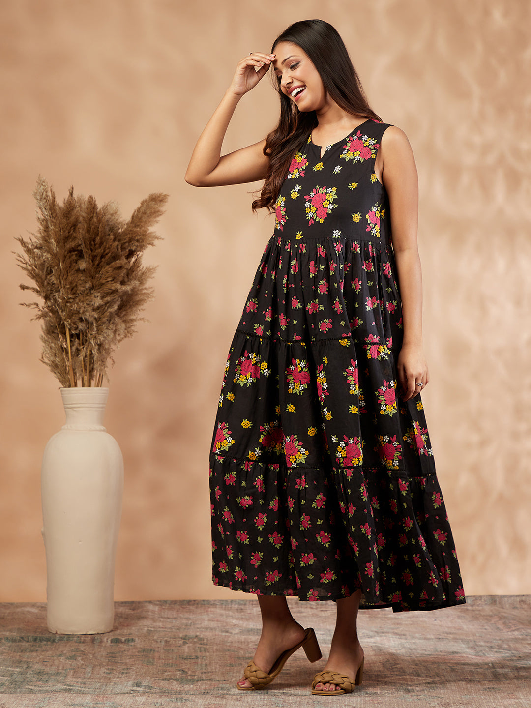 Black Printed Cotton Tiered Dress