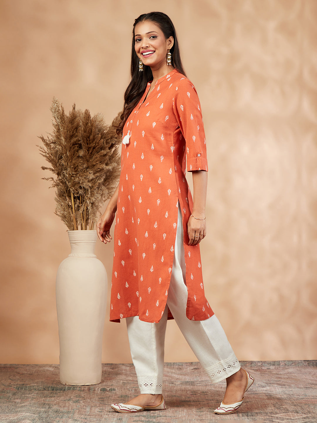 Printed Orange Straight Kurta