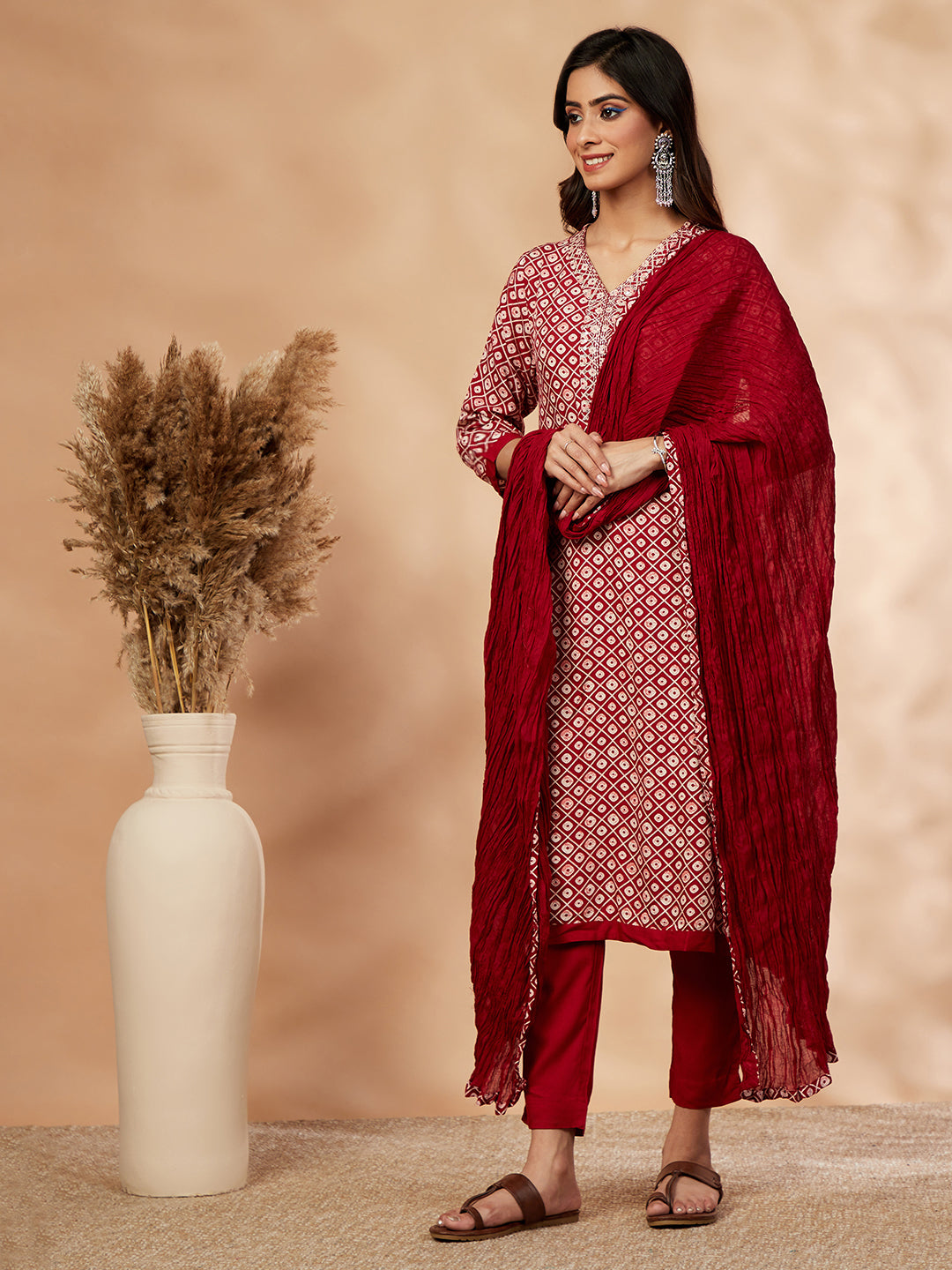 Red Printed A-Line Kurta Set