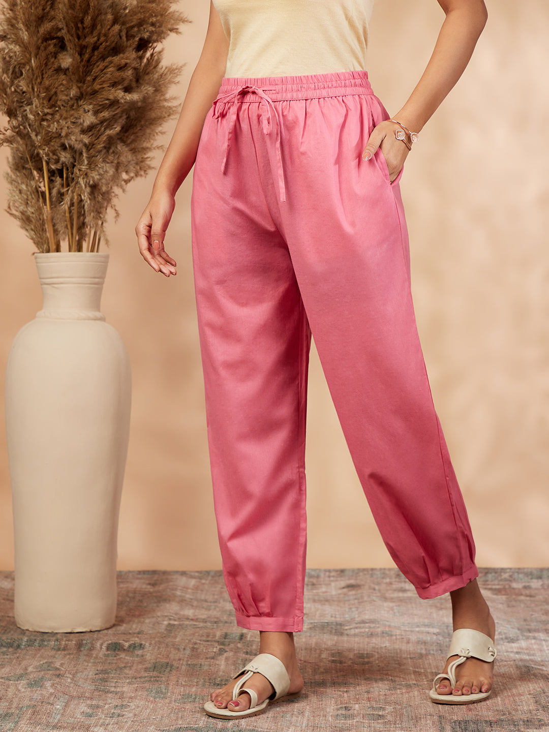 Solid Coral Cotton Izhar Pant