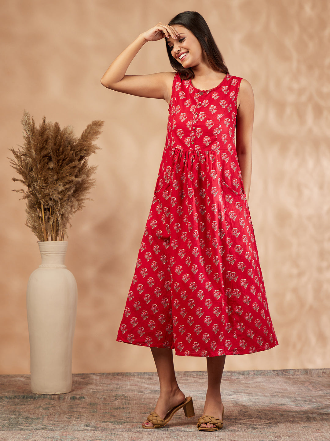 Red Print Gathered Dress