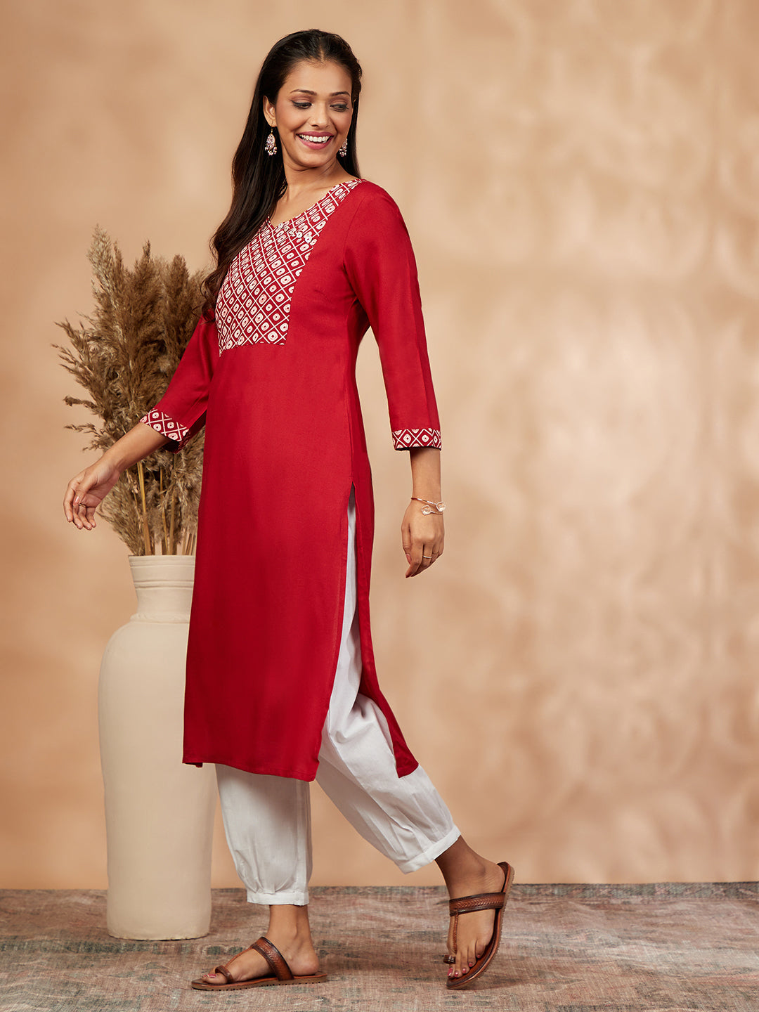 Printed Red Straight Kurta