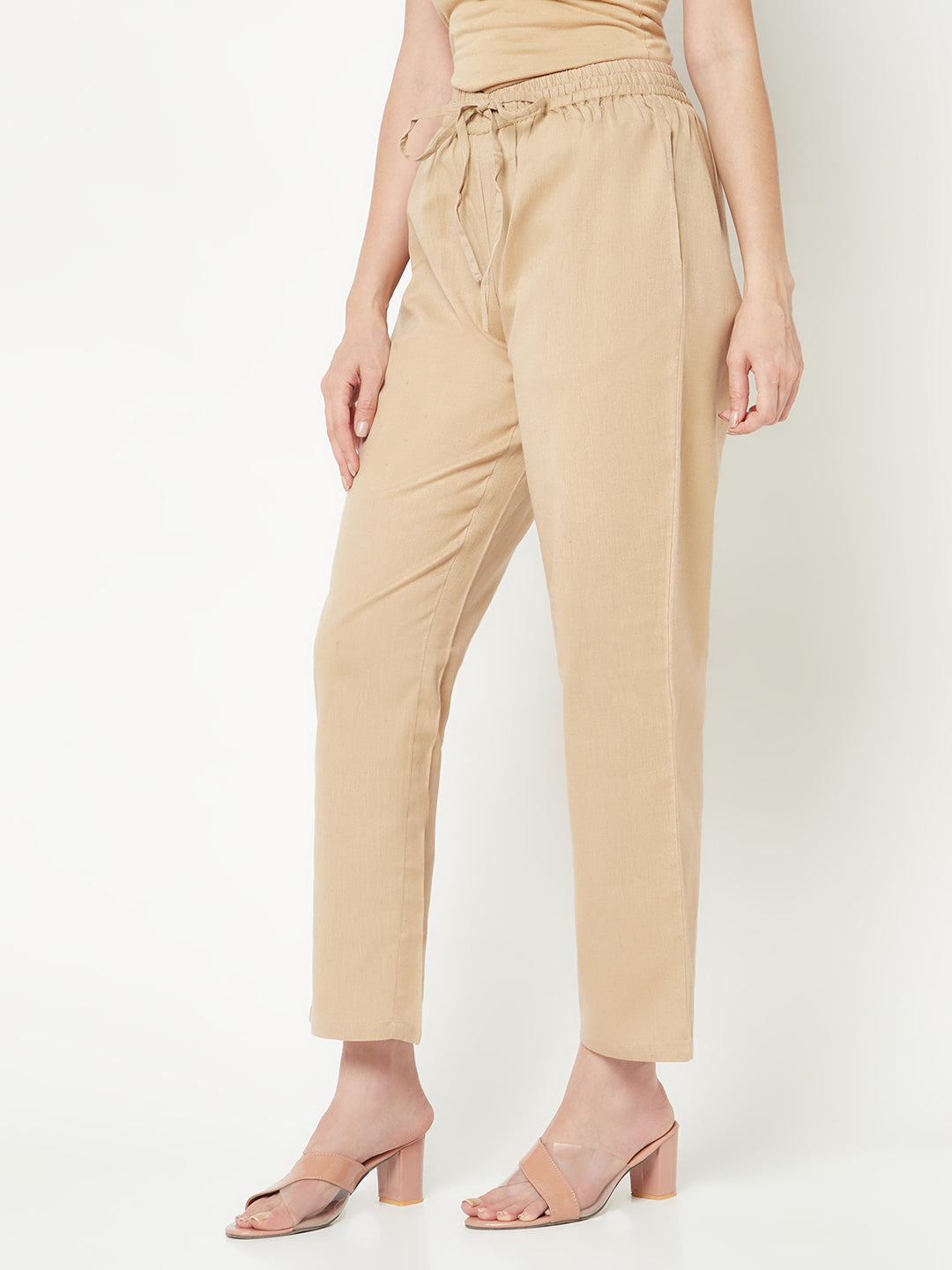 Beige Solid Straight Pants