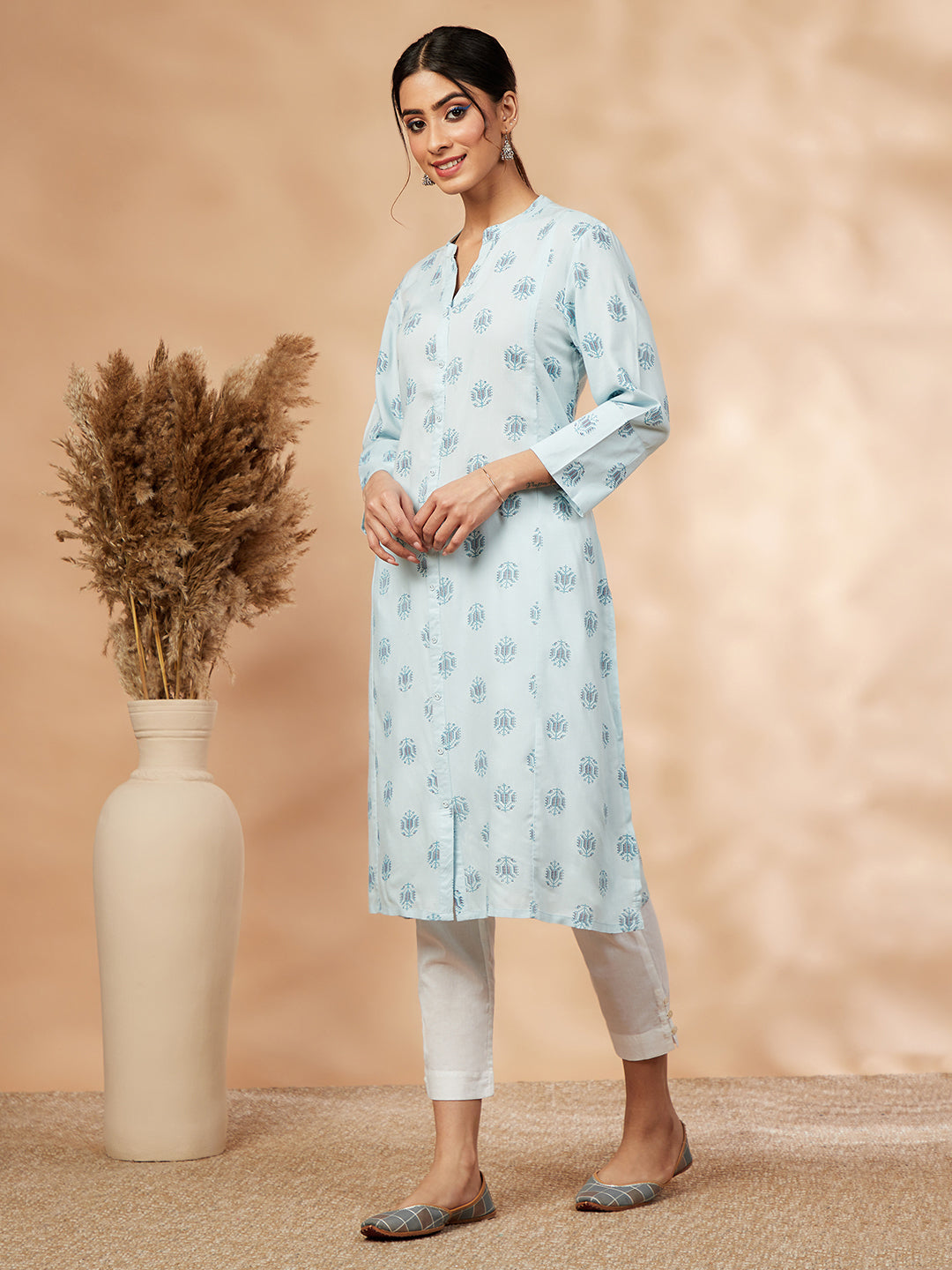 Light Blue Print Straight Kurta