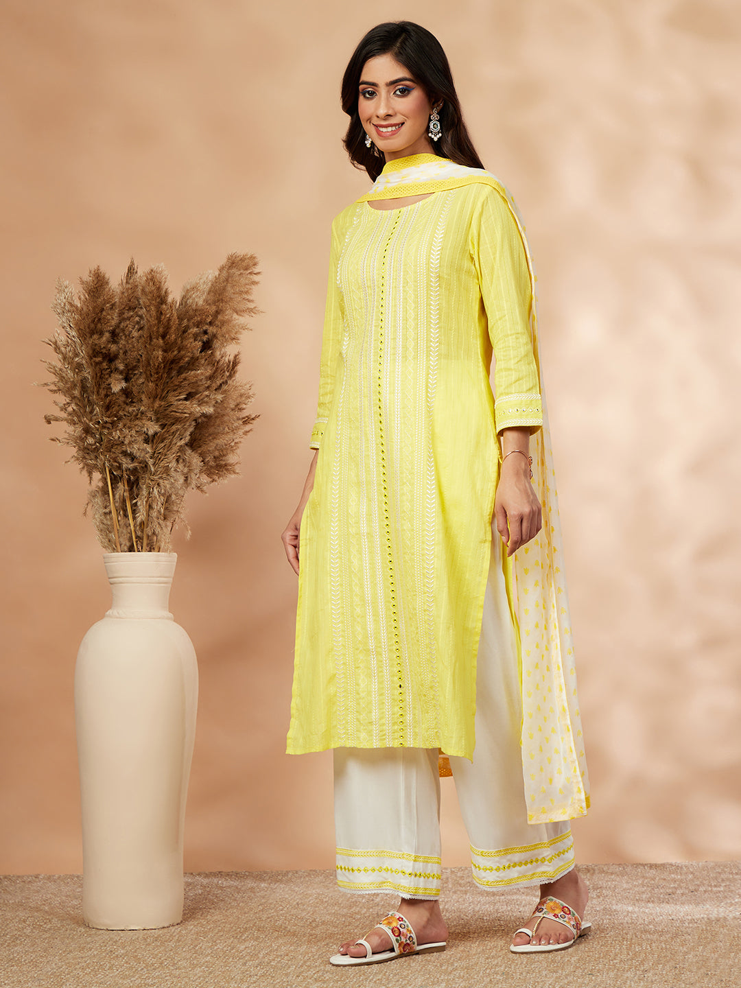 Yellow Embroidered Cotton Kurta Set