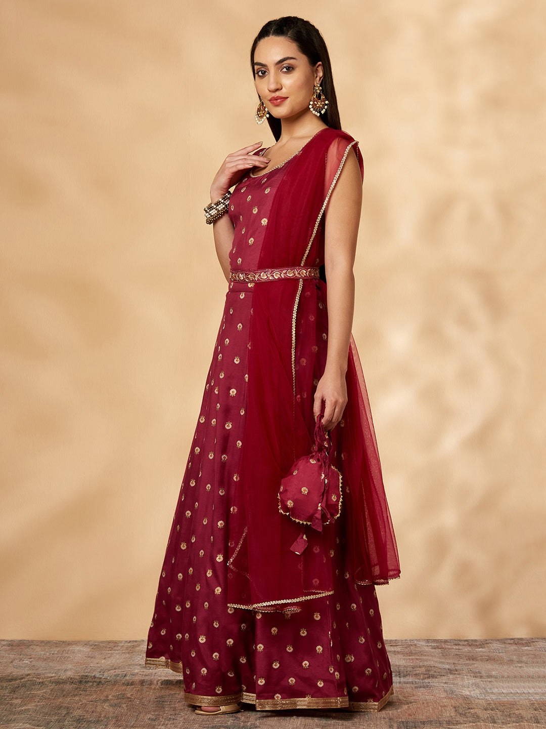 Wine Printed Belt Anarkali Lehenga Set