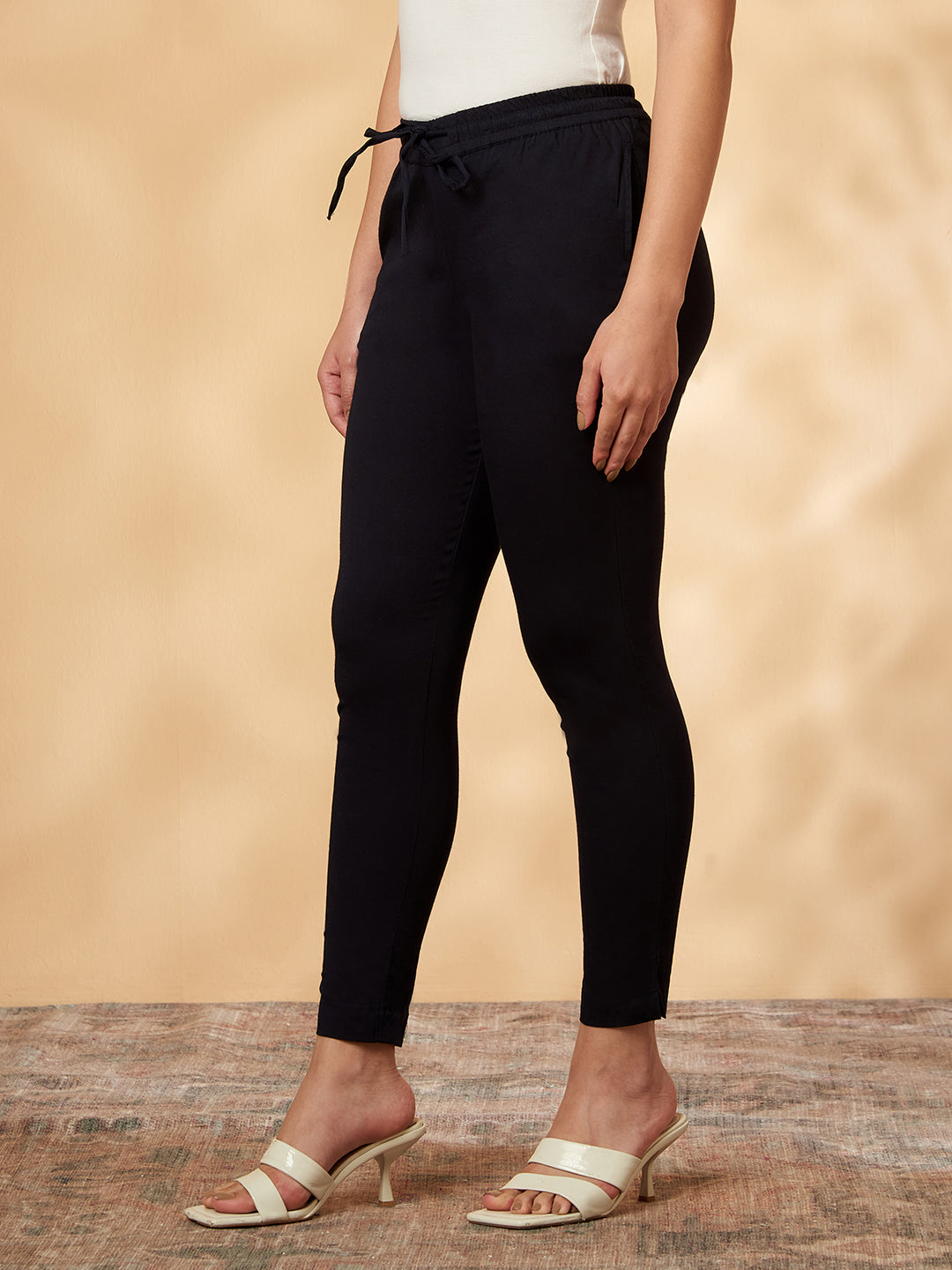 Solid Black Cotton-Lycra Straight Pant