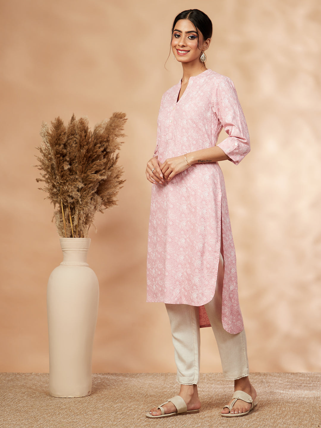 Printed Light Pink Straight Kurta