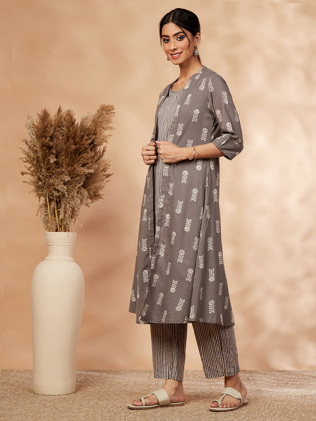 Grey Printed A-Line Kurta Set