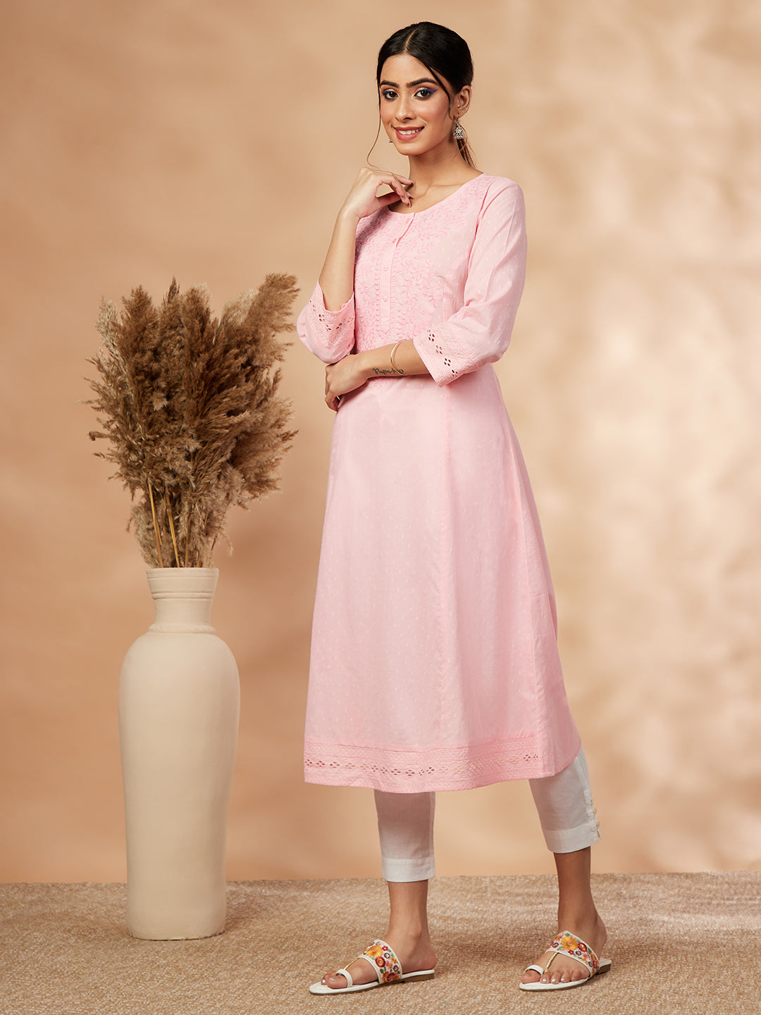 Embellished Light Pink Straight Kurta