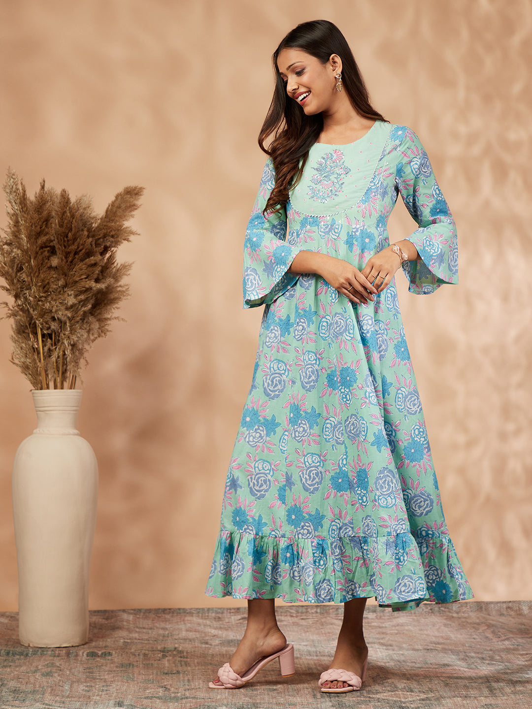 Mint Floral Print  Anarkali Dress