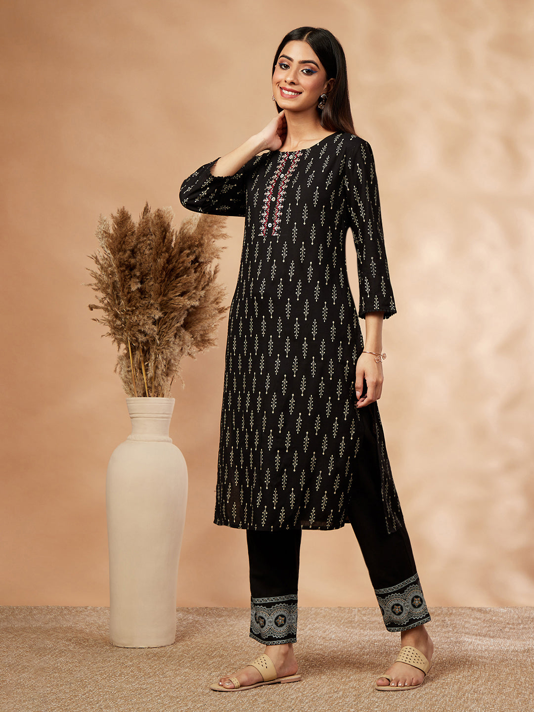 Printed Straight Black  Kurta