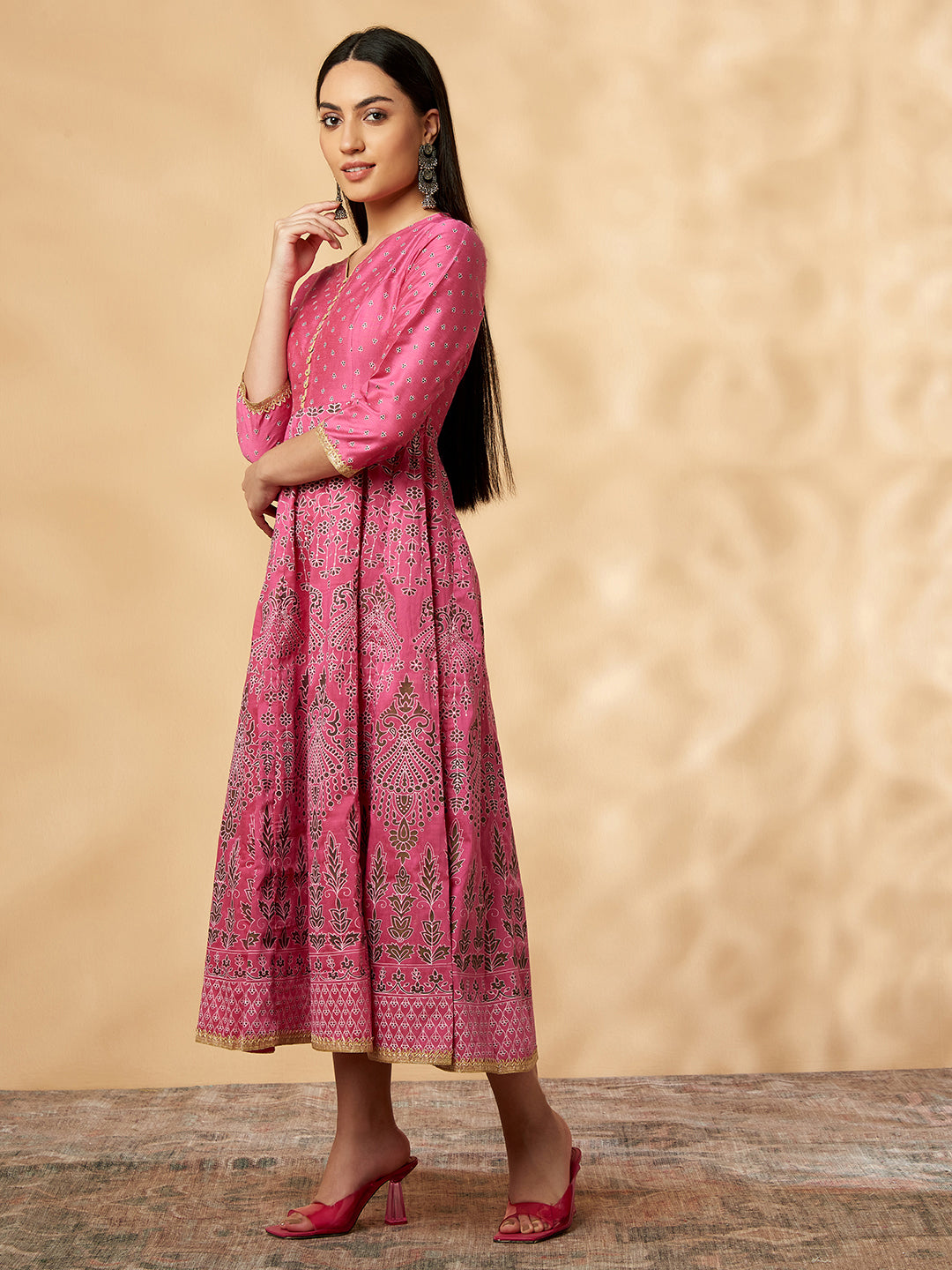 Pink Printed Kalidar Dress