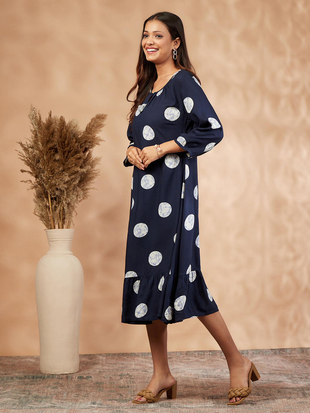 Print Navy Blue Gathered Dress