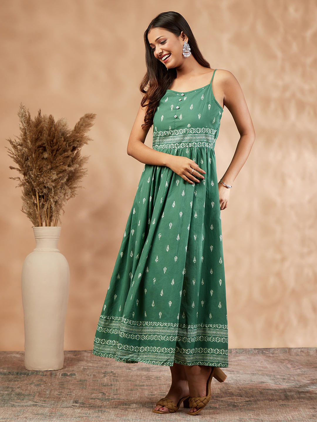 Print Green Sleeveless Gathered Dress