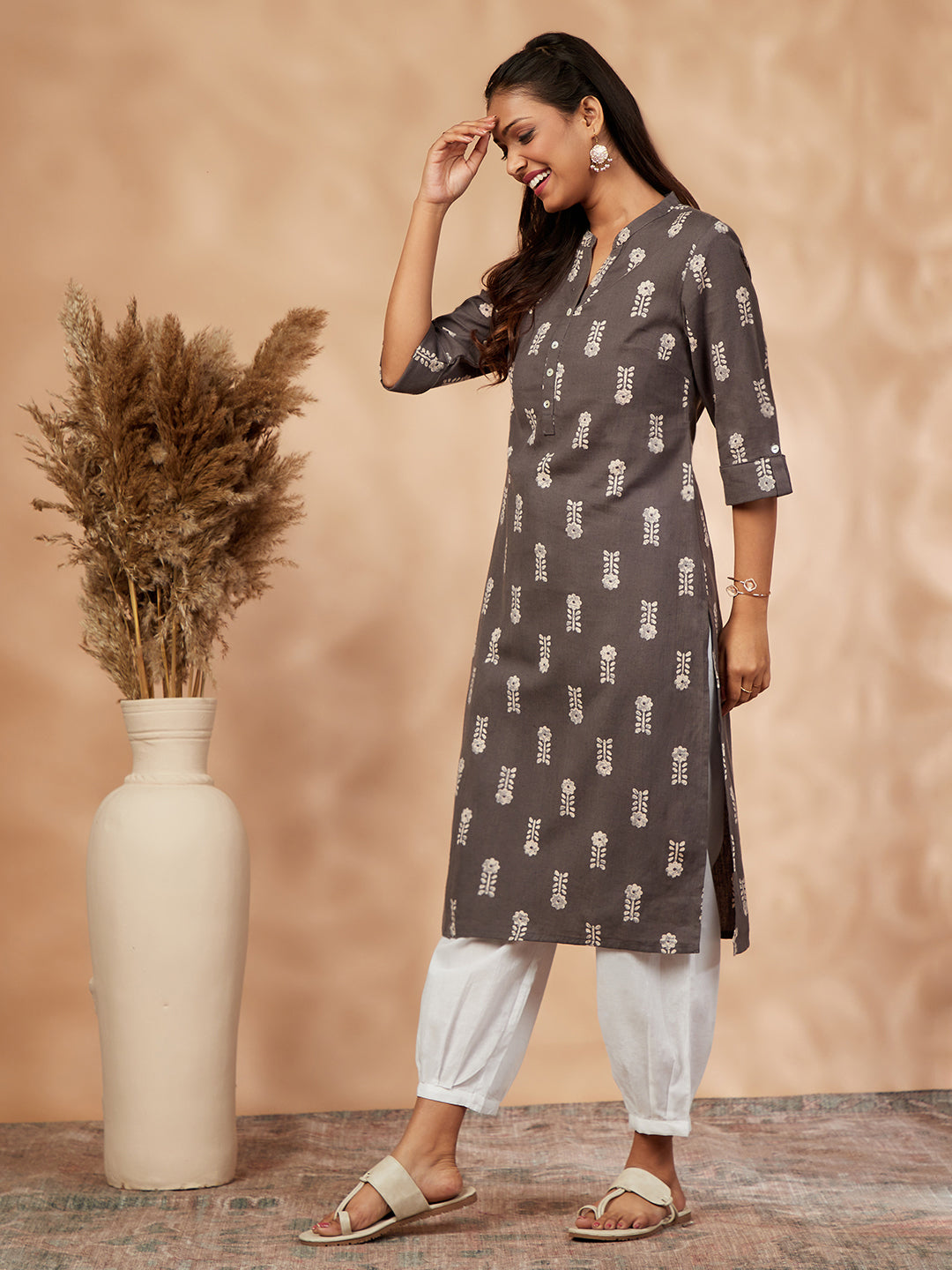 Printed Grey Straight Kurta