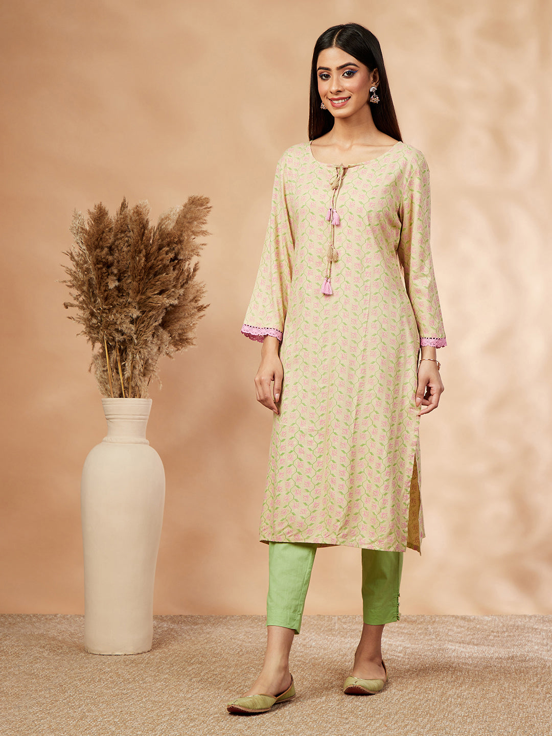 Beige Print Straight Kurta