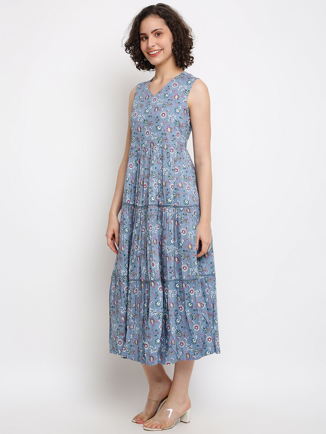 Printed Blue Tiered Dress