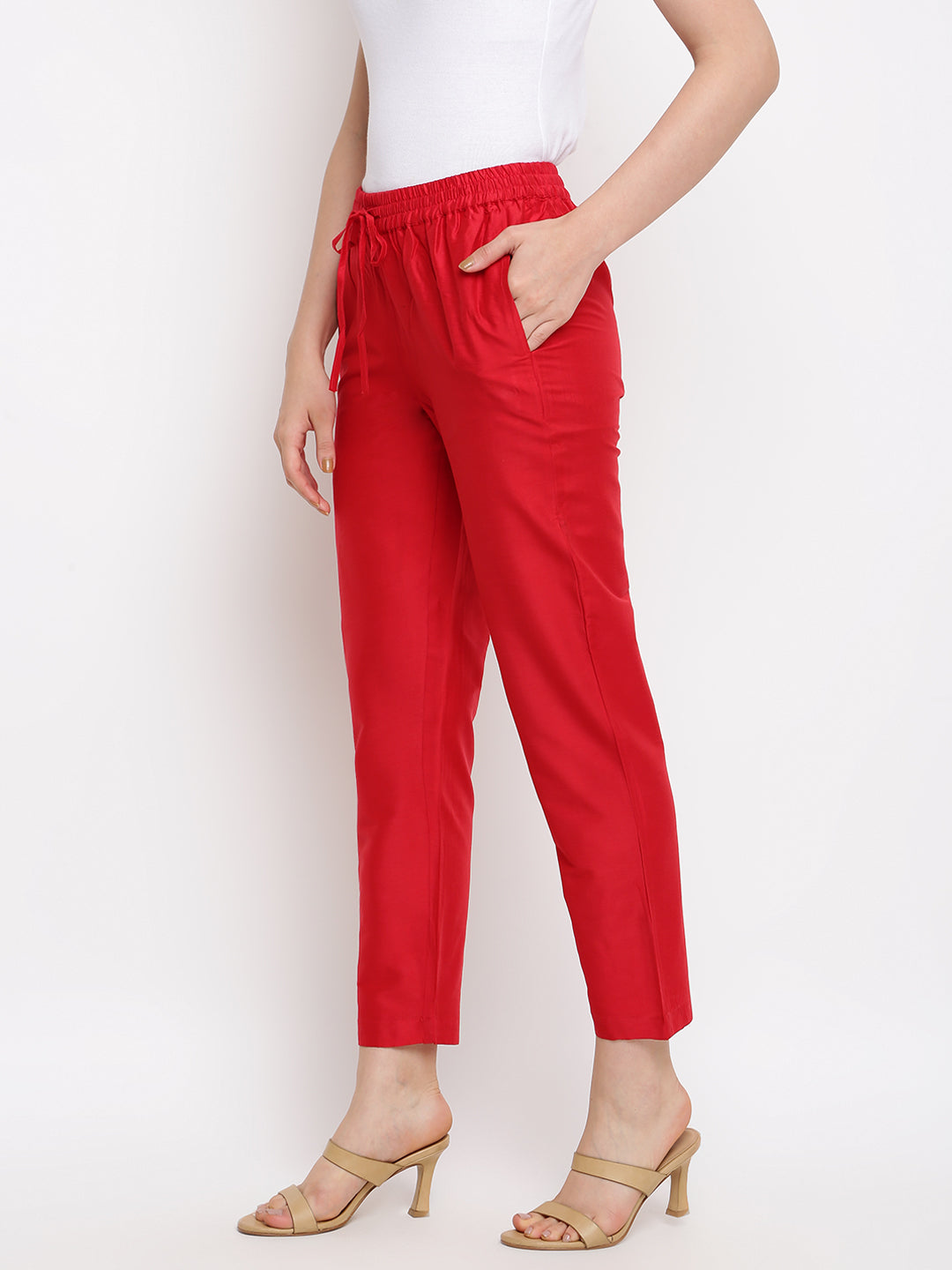 Red Solid Straight Pant